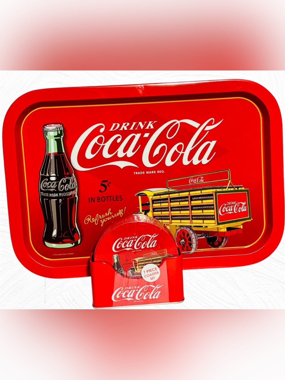 Coca Cola Retro Tin Box Company Serving Tray & Matching Coaster Set